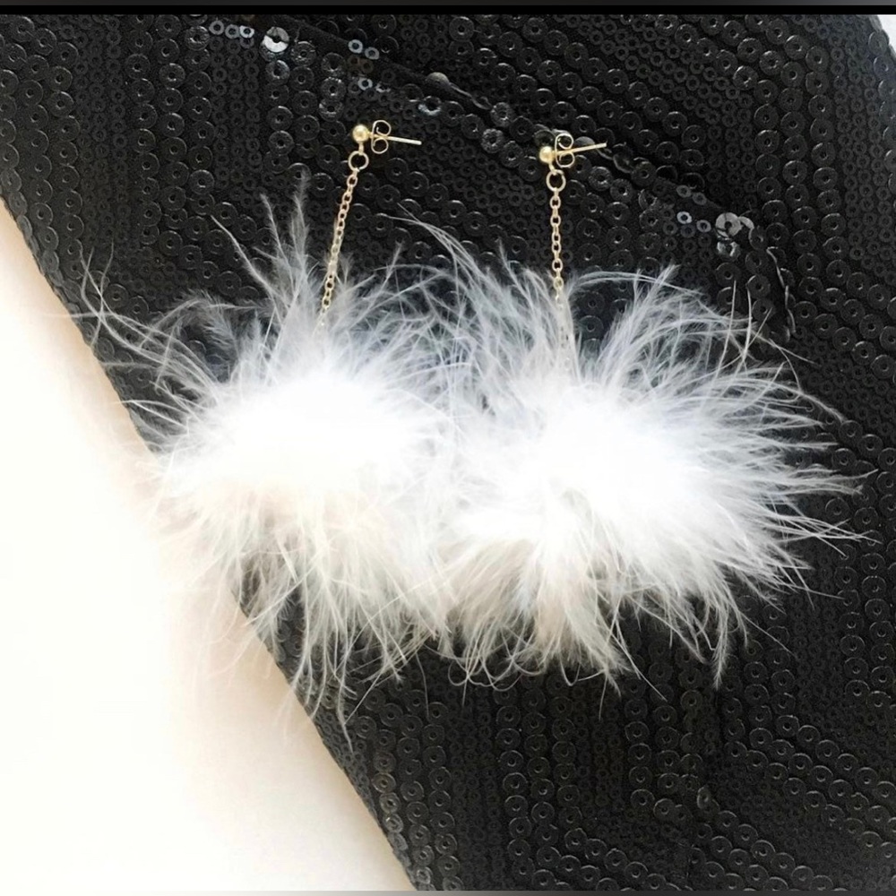 White Feather Fluffy Pom Pom Gold Chain Earrings